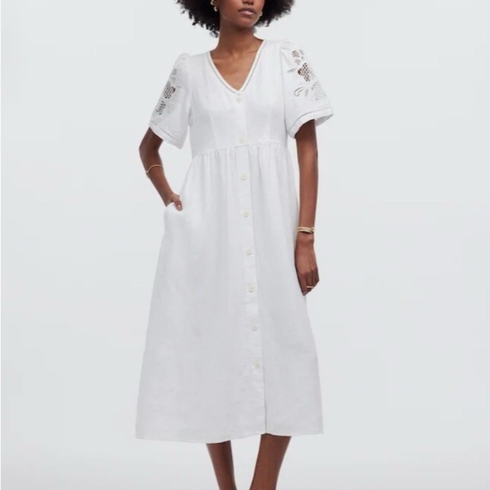 Madewell Cassie Button-Front Midi Dress in Linen in Eyelet White